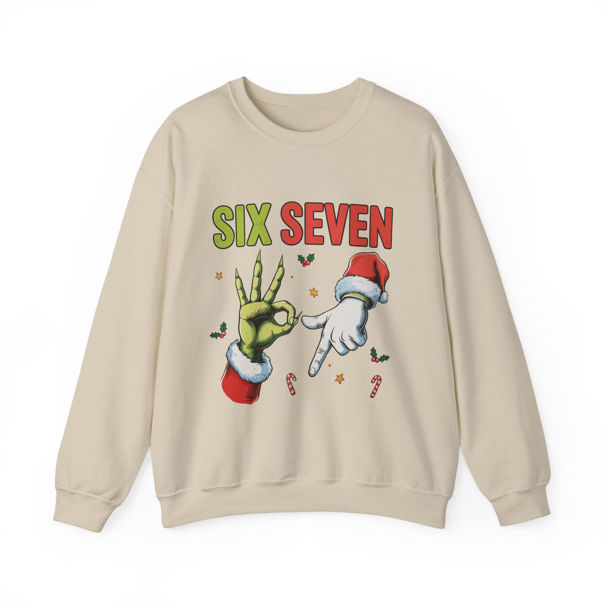 Crewneck Sweatshirt — Festive 'Six Seven' Grinch & Santa Holiday Graphic