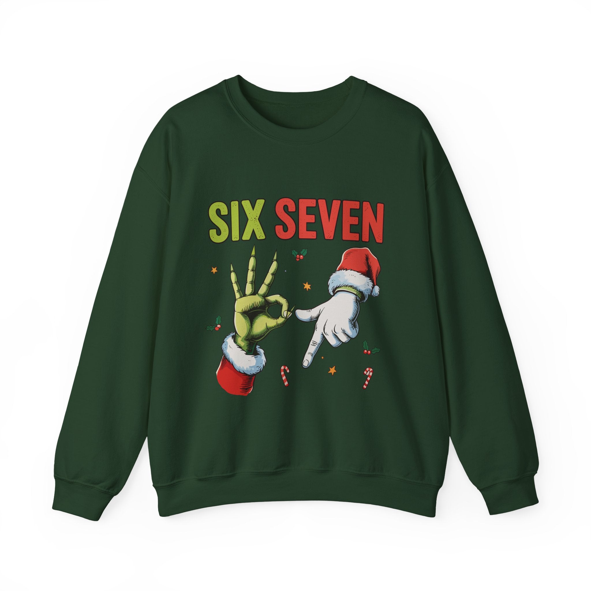Crewneck Sweatshirt — Festive 'Six Seven' Grinch & Santa Holiday Graphic