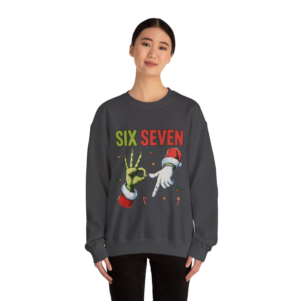 Crewneck Sweatshirt — Festive 'Six Seven' Grinch & Santa Holiday Graphic