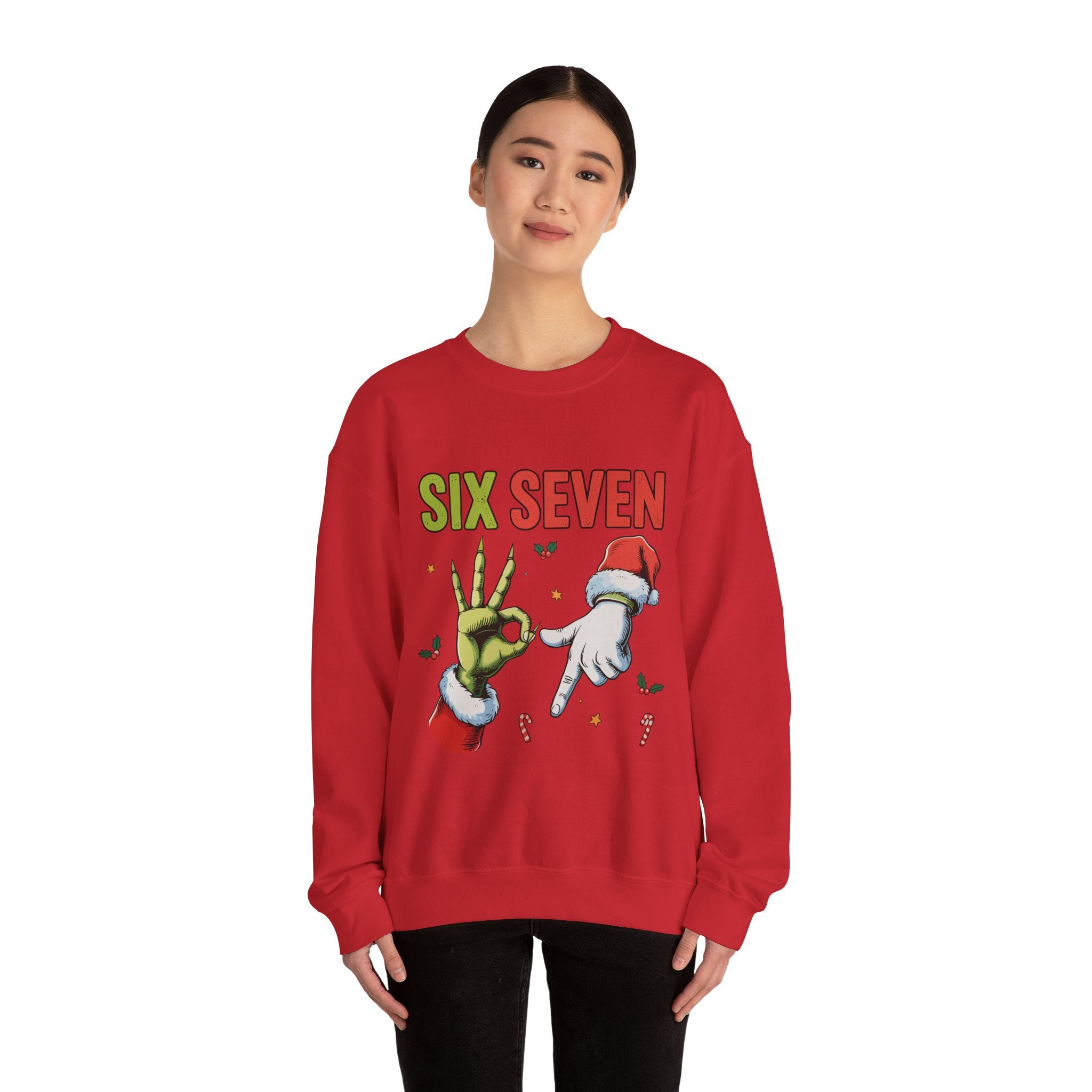 Crewneck Sweatshirt — Festive 'Six Seven' Grinch & Santa Holiday Graphic