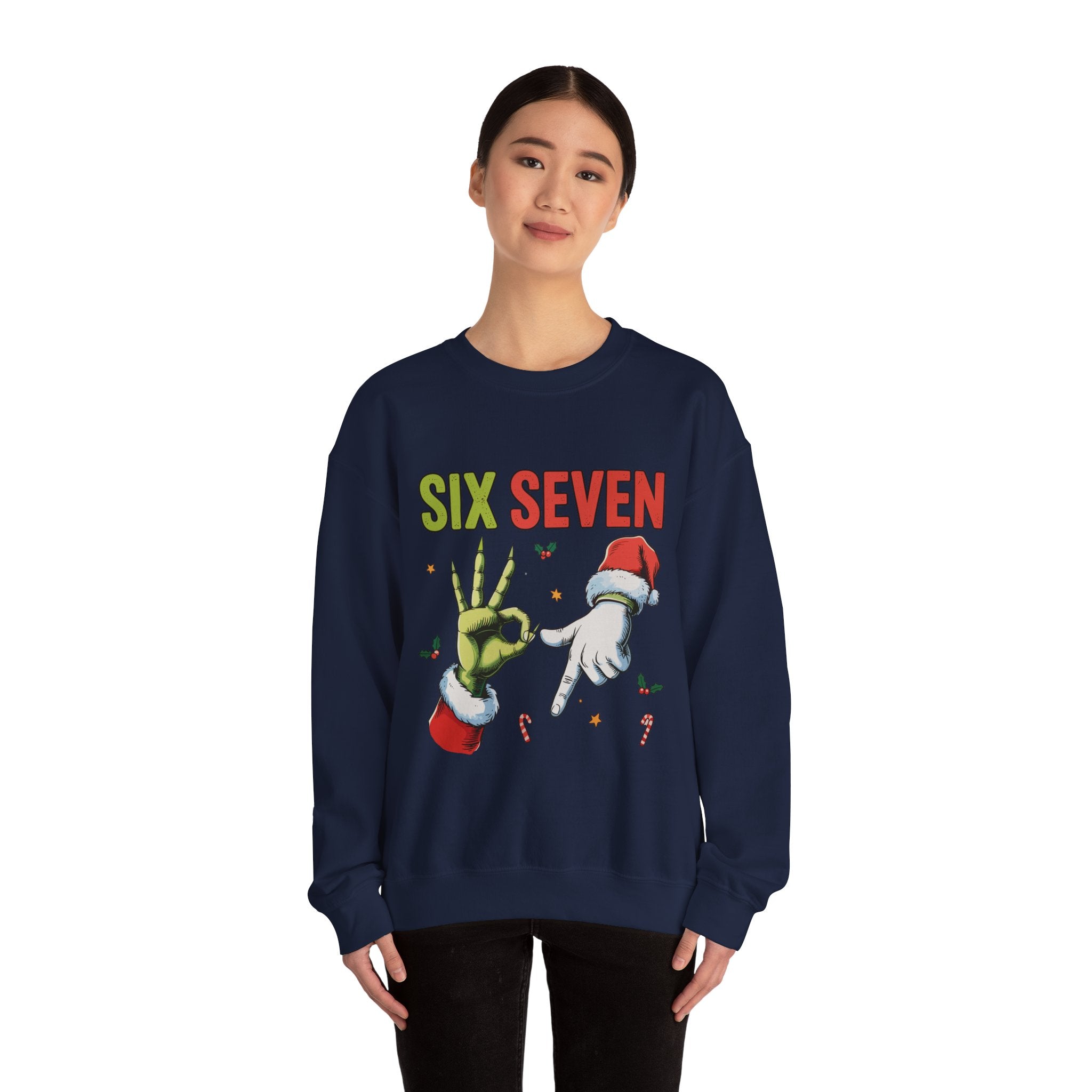 Crewneck Sweatshirt — Festive 'Six Seven' Grinch & Santa Holiday Graphic