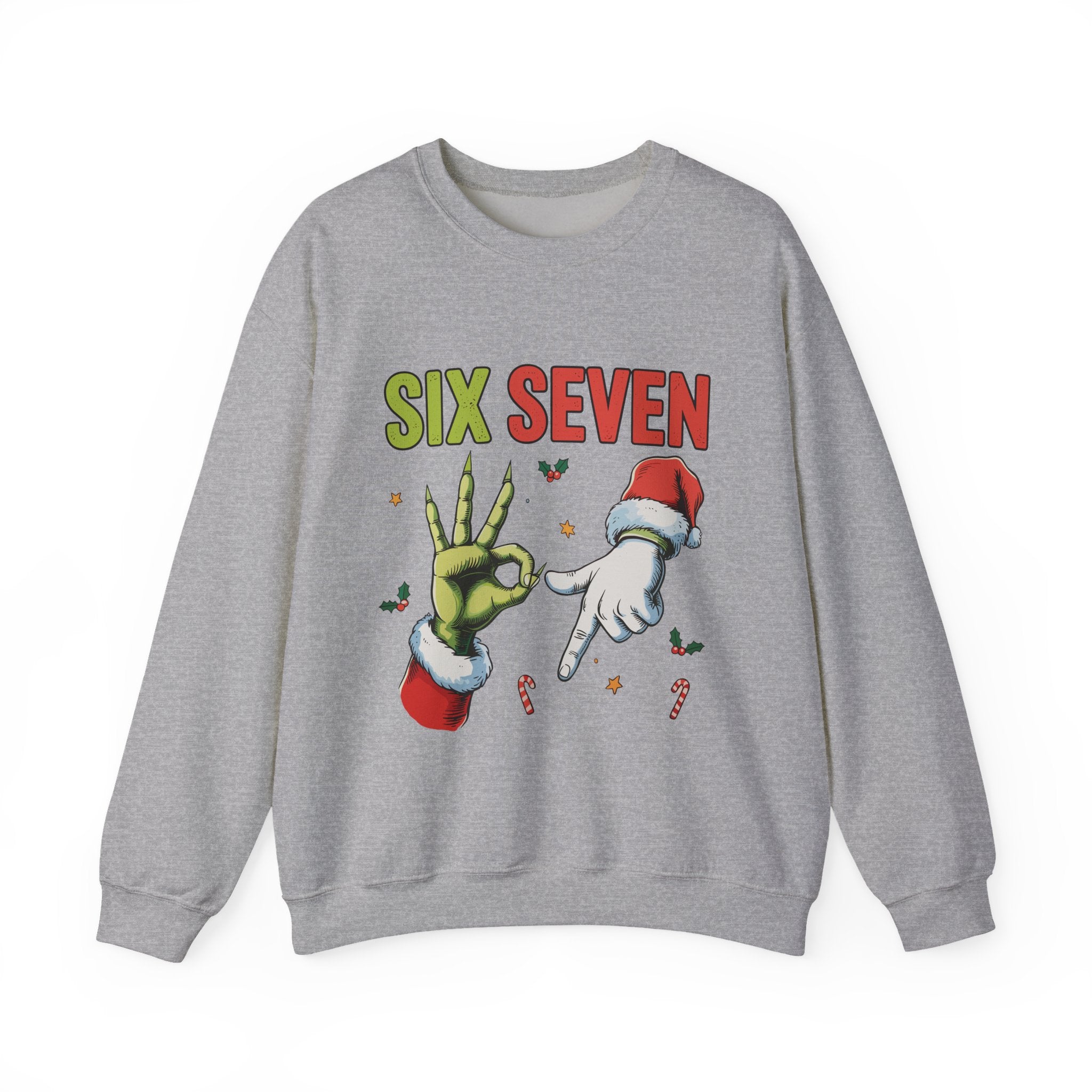 Crewneck Sweatshirt — Festive 'Six Seven' Grinch & Santa Holiday Graphic