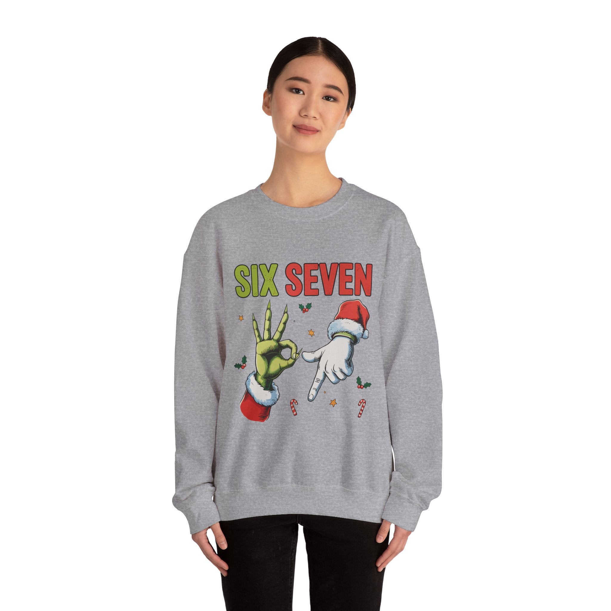 Crewneck Sweatshirt — Festive 'Six Seven' Grinch & Santa Holiday Graphic