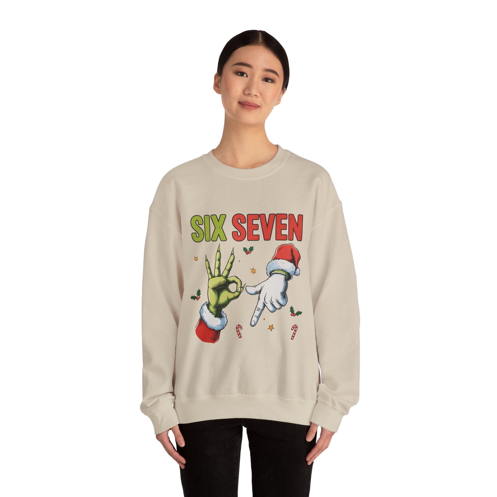 Crewneck Sweatshirt — Festive 'Six Seven' Grinch & Santa Holiday Graphic