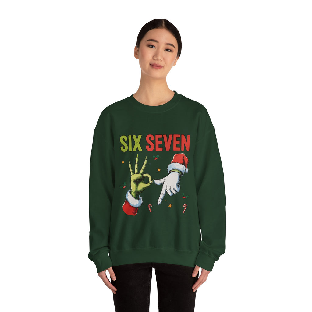 Crewneck Sweatshirt — Festive 'Six Seven' Grinch & Santa Holiday Graphic