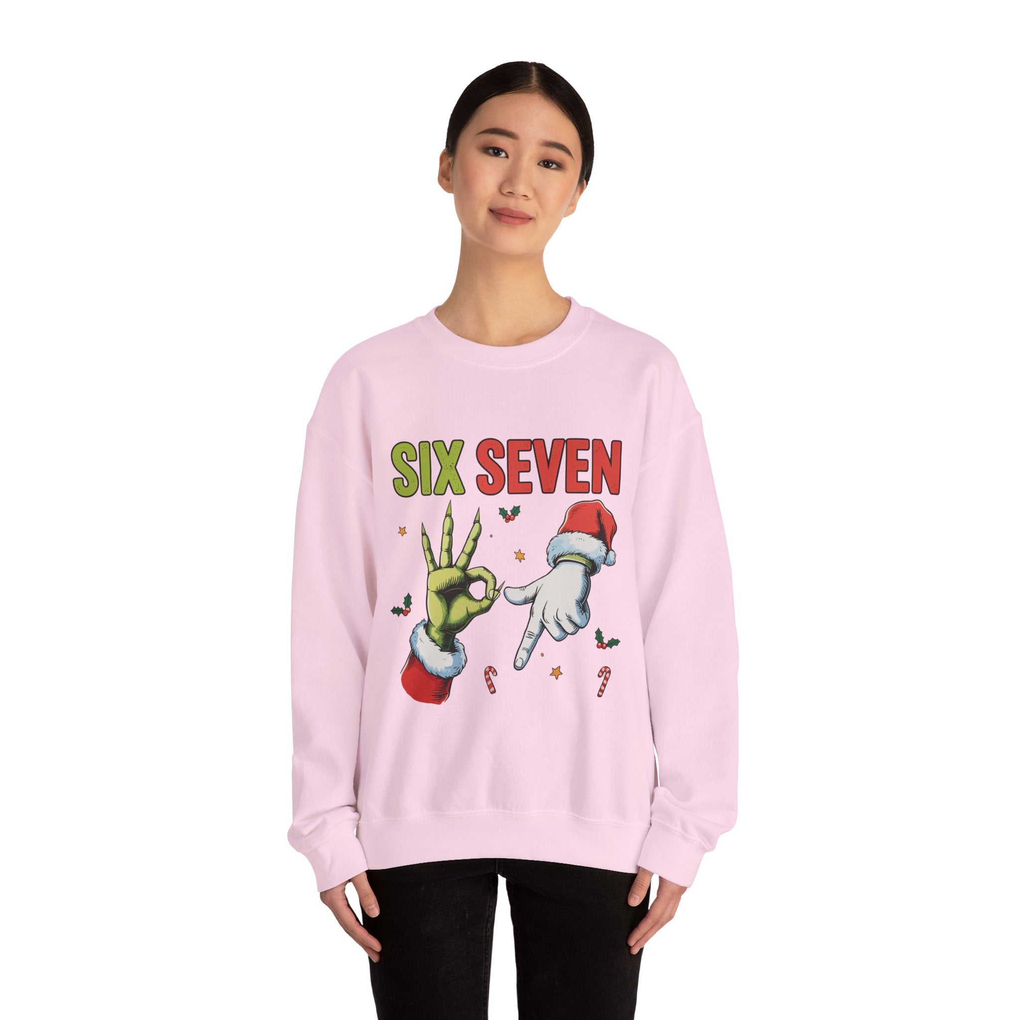 Crewneck Sweatshirt — Festive 'Six Seven' Grinch & Santa Holiday Graphic