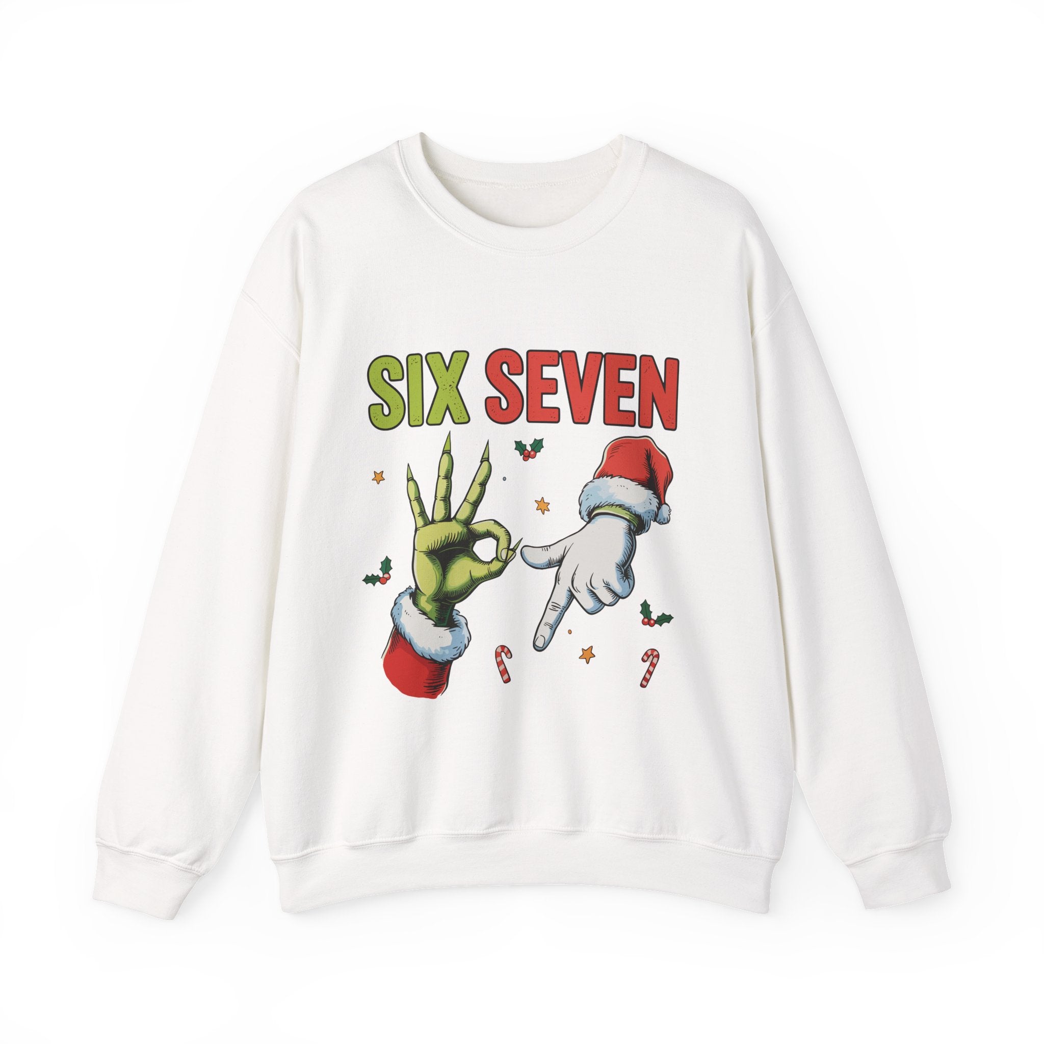 Crewneck Sweatshirt — Festive 'Six Seven' Grinch & Santa Holiday Graphic