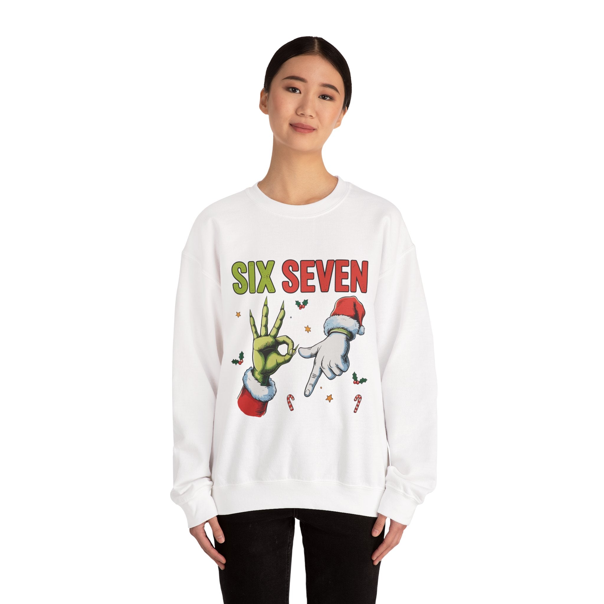 Crewneck Sweatshirt — Festive 'Six Seven' Grinch & Santa Holiday Graphic
