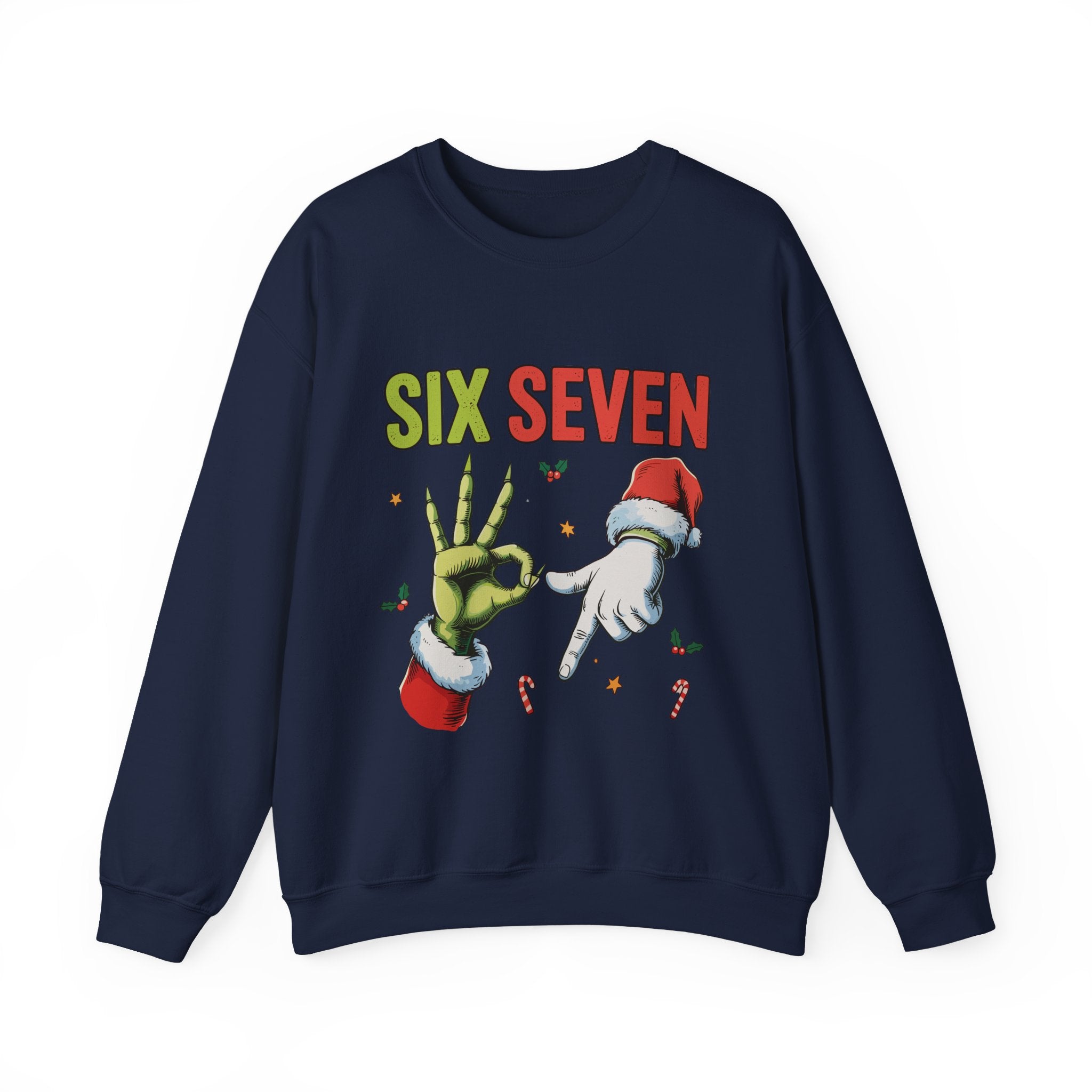 Crewneck Sweatshirt — Festive 'Six Seven' Grinch & Santa Holiday Graphic