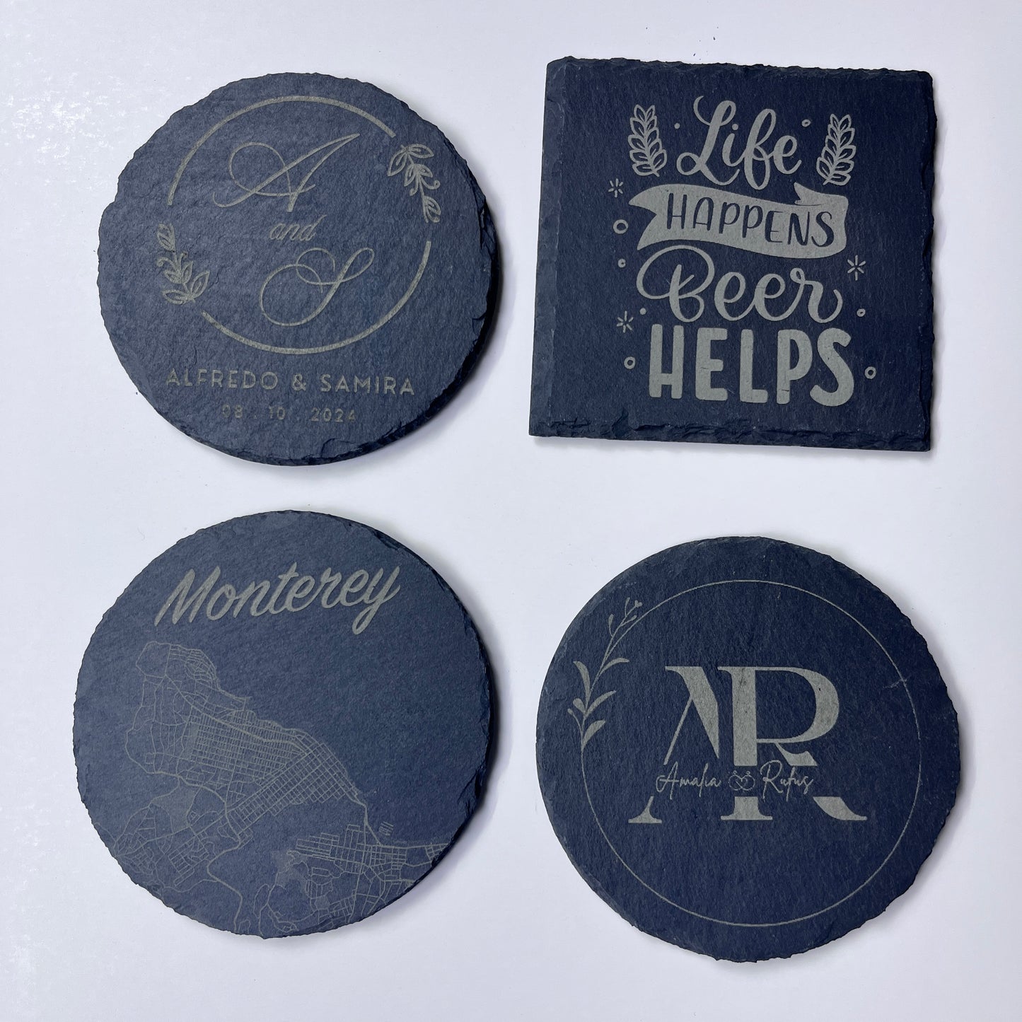 4 Personalized Slate Coasters | Laser Engraved Stone | Custom Drink Coasters | Made to Order | Housewarming Wedding Gift | Square | Circle