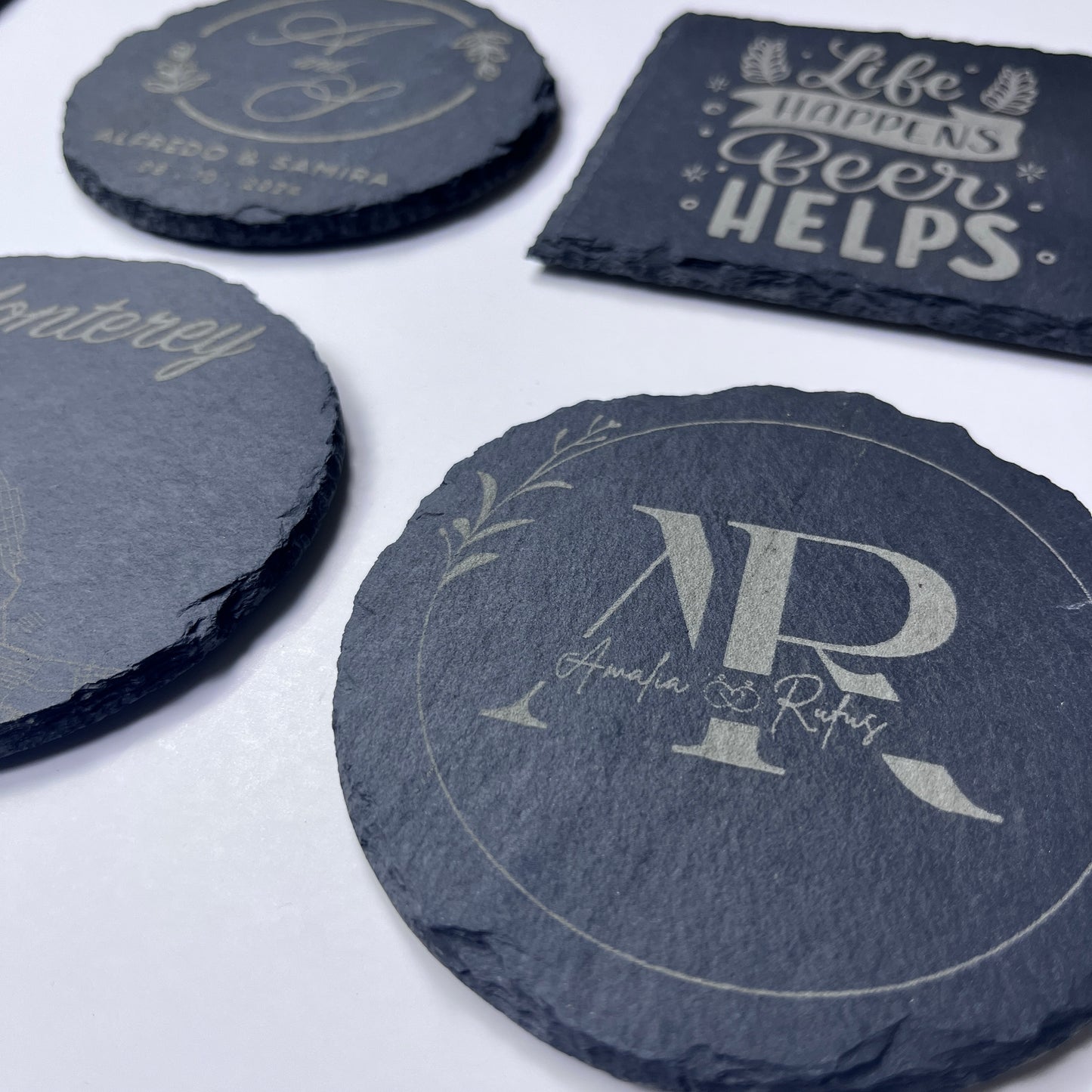 4 Personalized Slate Coasters | Laser Engraved Stone | Custom Drink Coasters | Made to Order | Housewarming Wedding Gift | Square | Circle