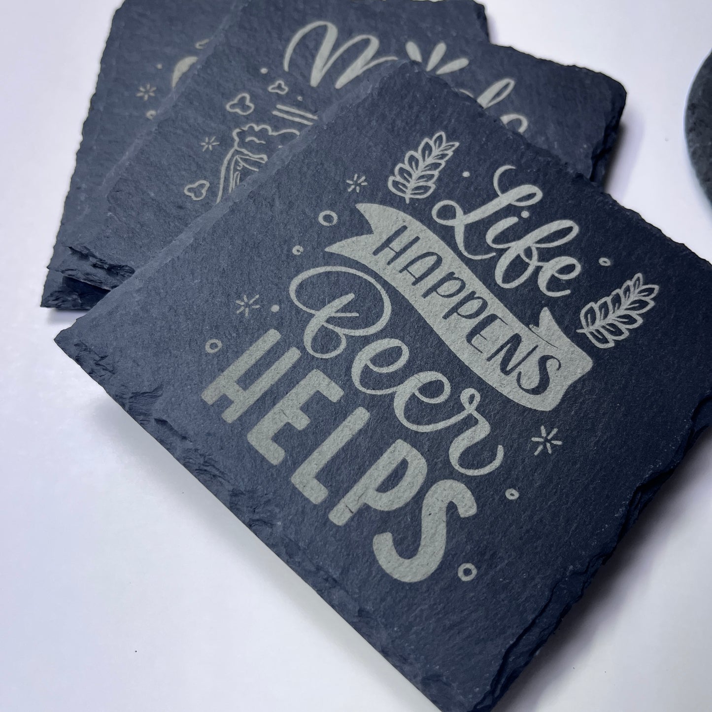 4 Personalized Slate Coasters | Laser Engraved Stone | Custom Drink Coasters | Made to Order | Housewarming Wedding Gift | Square | Circle