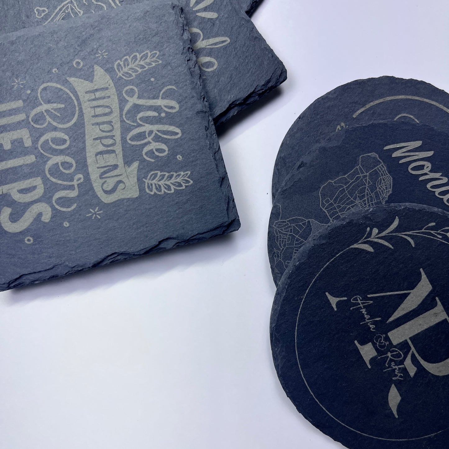 4 Personalized Slate Coasters | Laser Engraved Stone | Custom Drink Coasters | Made to Order | Housewarming Wedding Gift | Square | Circle